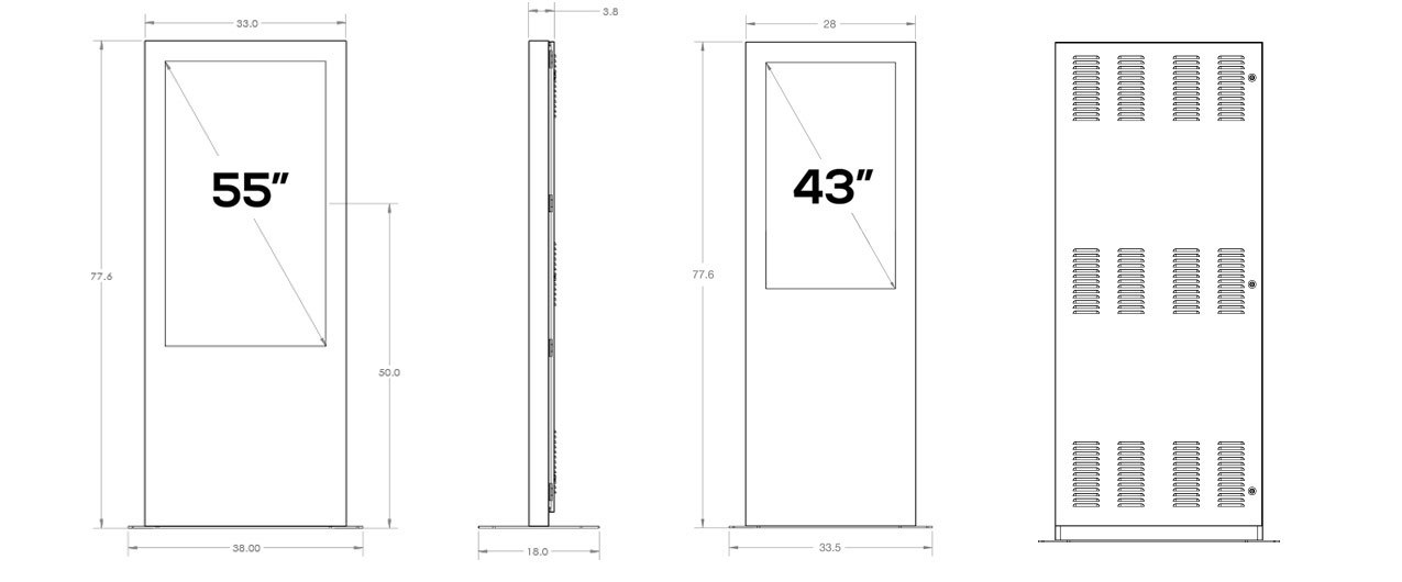 Dimension drawings of the 55" and 43" Duraline Vertical Kiosk: front, side and rear views