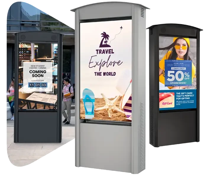 Duraline Outdoor Freestanding Kiosks, arched, in a shopping street, showing travel and sale advertising