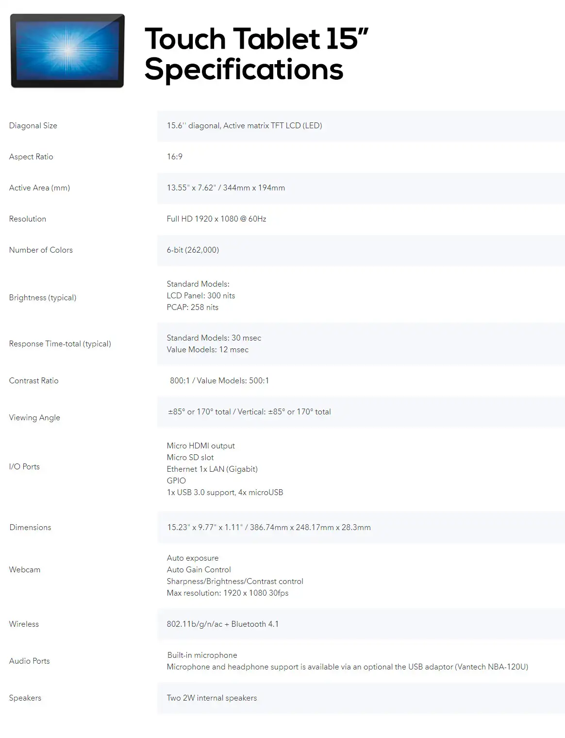 interactive touch tablets 15 specs