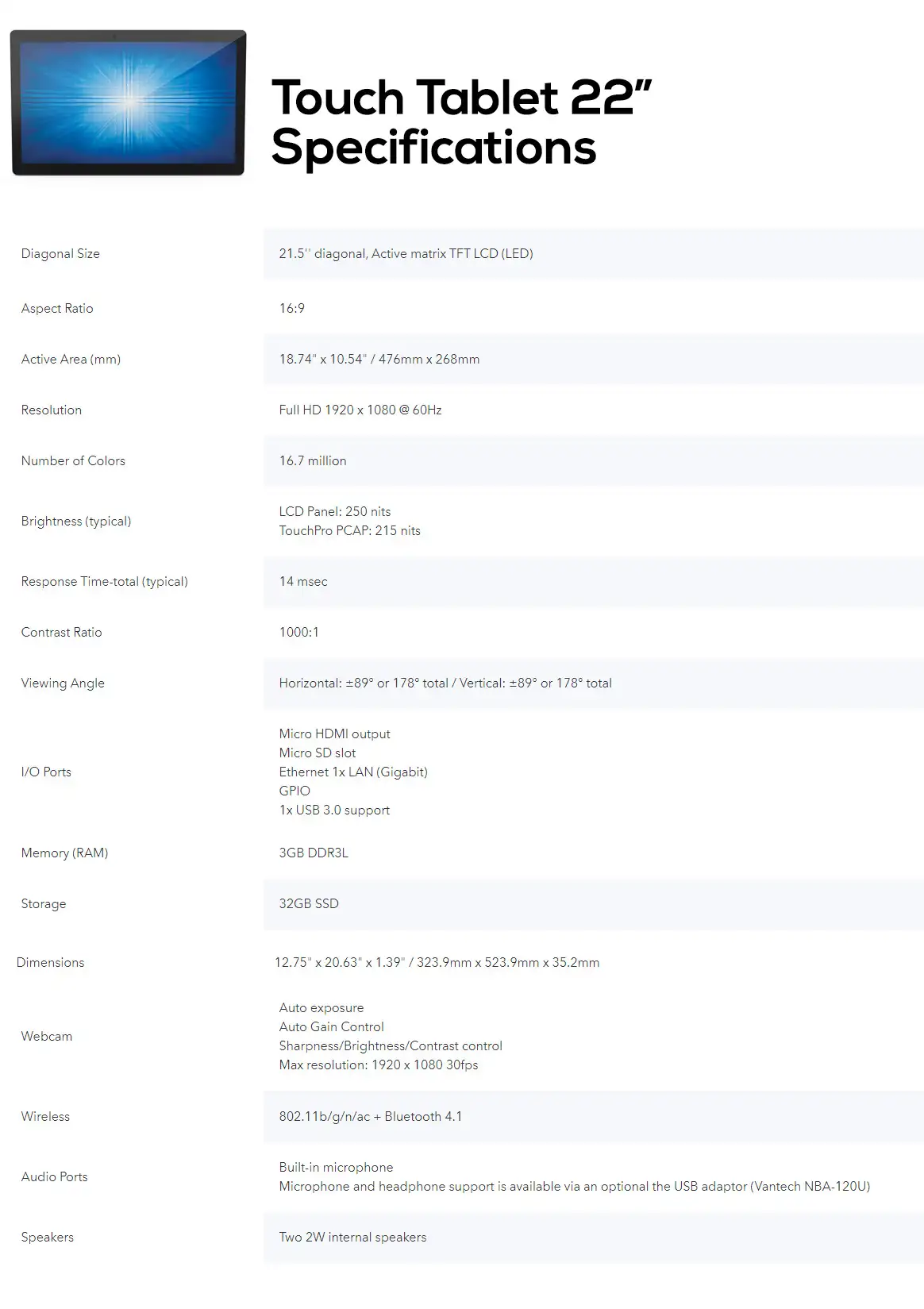 interactive touch tablets 22 specs