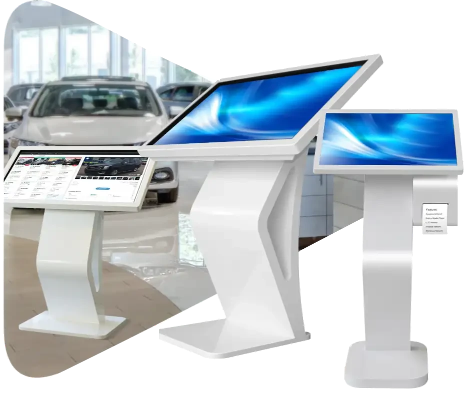 Ecoline Angled touch kiosks in a car showroom