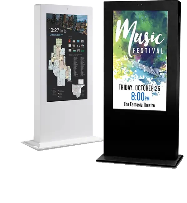 Duraline Outdoor Kiosks in white and black, showing a building directory and an event poster