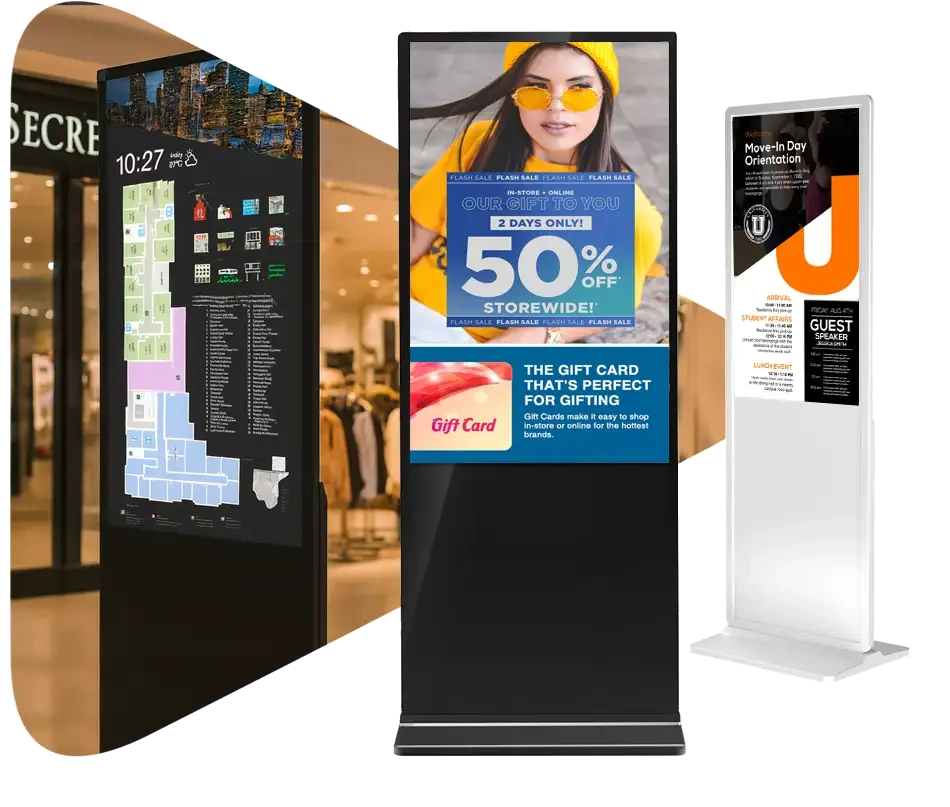 Linea kiosks in a shopping centre, showing a directory and promotions