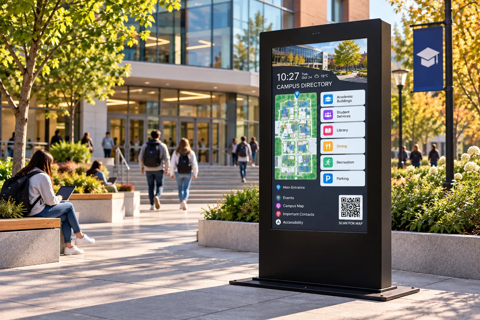 Duraline Outdoor Kiosk on a university campus, showing a campus directory with a map