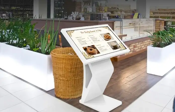Ecoline Angled Kiosk in white in a café, showing a menu