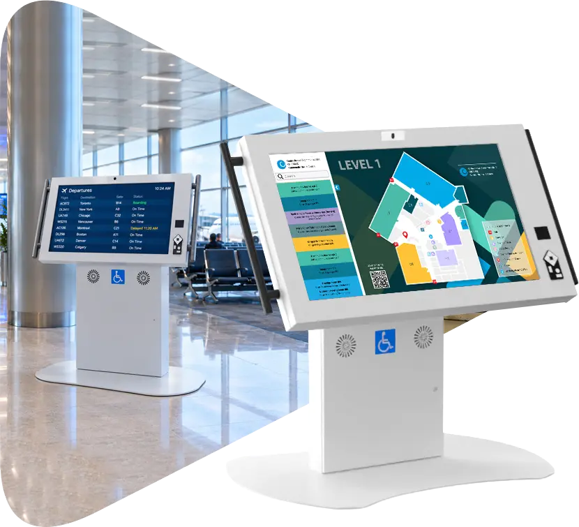 Duraline Angled Accessibility Kiosks in an airport, one showing departures and one a floor map
