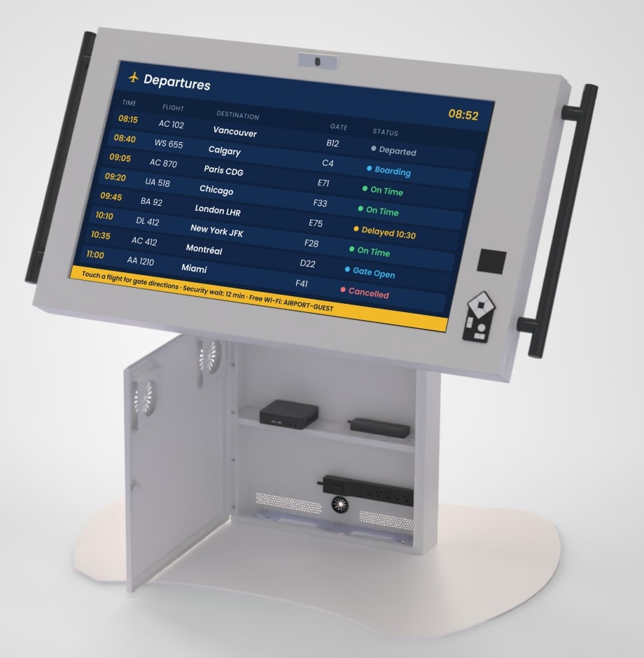 The kiosk with its pedestal door open, showing the equipment shelf and power bar