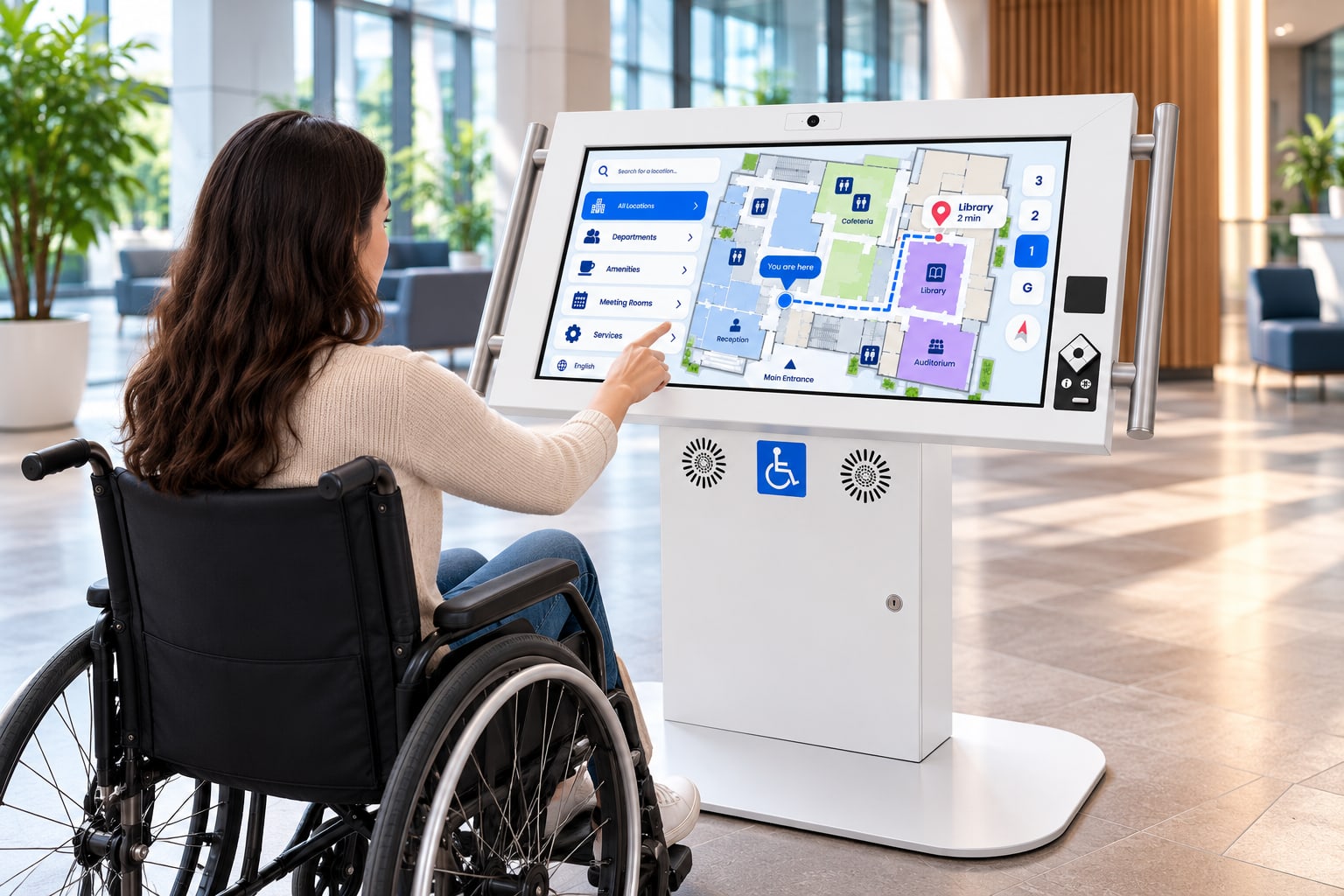 A visitor in a wheelchair using the kiosk’s wayfinding map in a lobby
