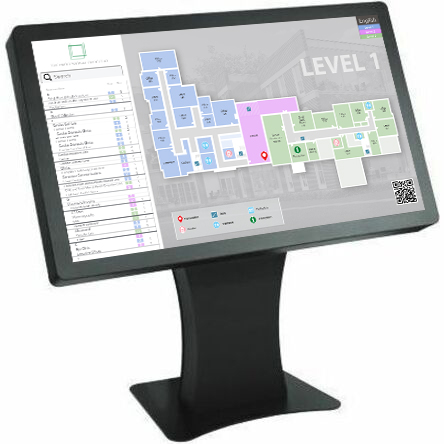 Duraline Angled Kiosk in gloss black, showing an interactive floor map