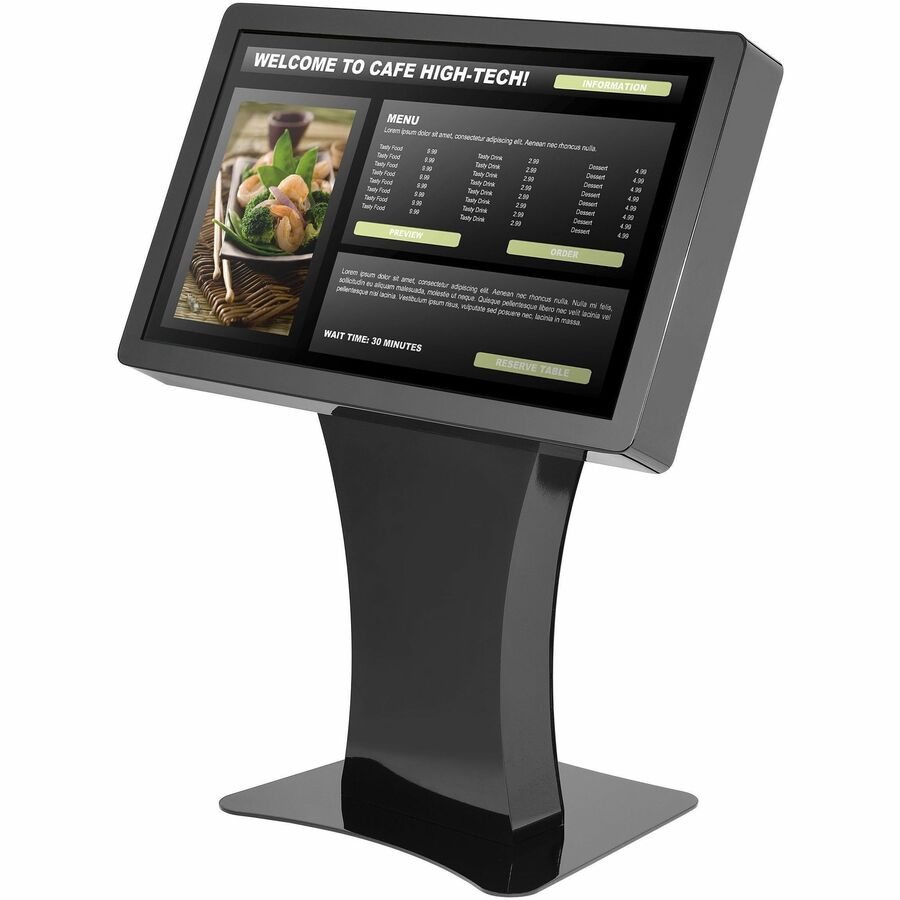 Duraline Angled Kiosk in gloss black, showing a café menu