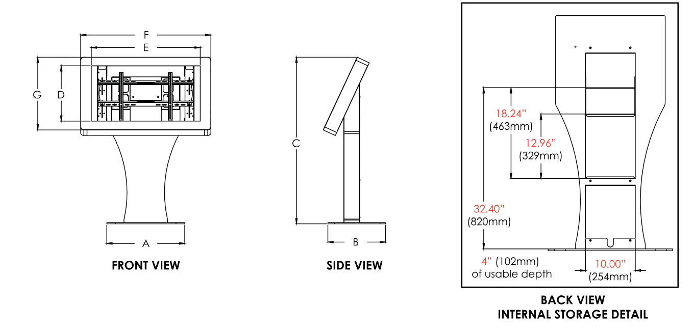 Dimension drawings: front view (A, D to G), side view (B, C) and rear view of the internal storage, with 4" (102 mm) of usable depth