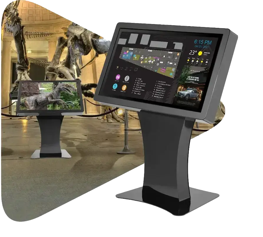 Duraline Angled Kiosk in black, showing an interactive map in a museum hall