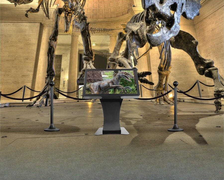 Duraline Angled Kiosk in a museum hall, among dinosaur skeletons