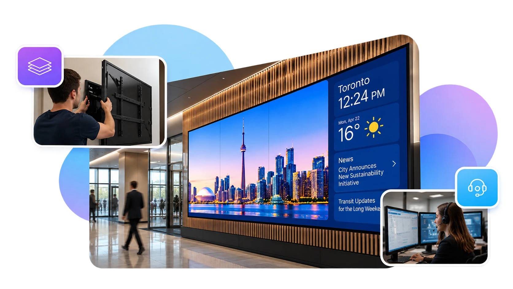 A digital signage screen in a building lobby, with an installer and a support agent