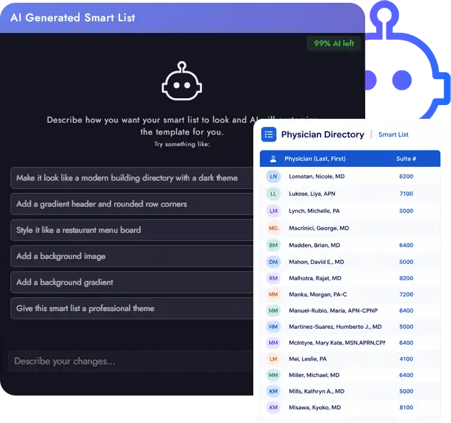AI generated Smart List prompts beside a styled directory