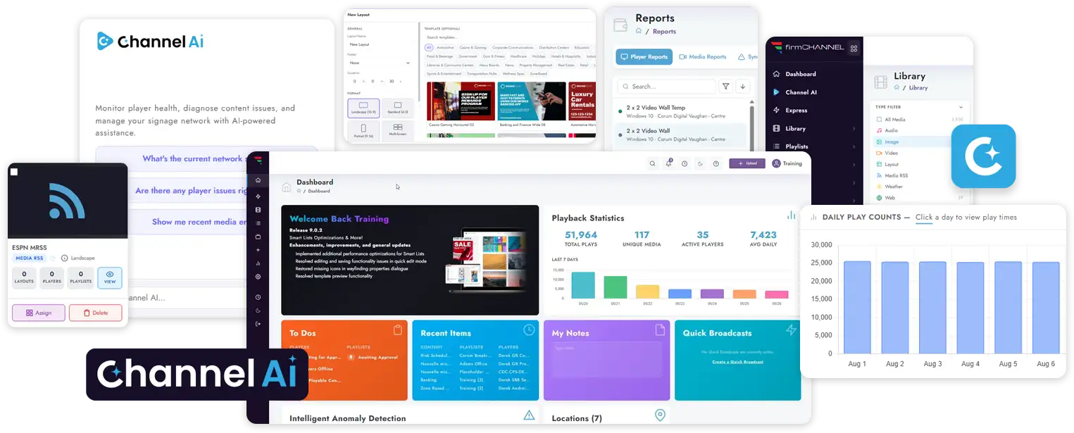 firmChannel V9 dashboard, Channel AI, and reporting shown together