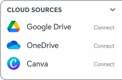 Cloud sources panel with Google Drive, OneDrive, and Canva connections