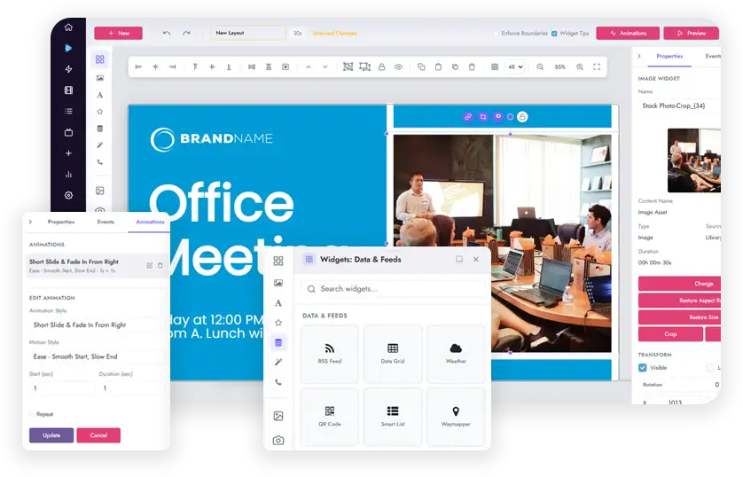 firmChannel Layout Designer canvas with widget and animation panels