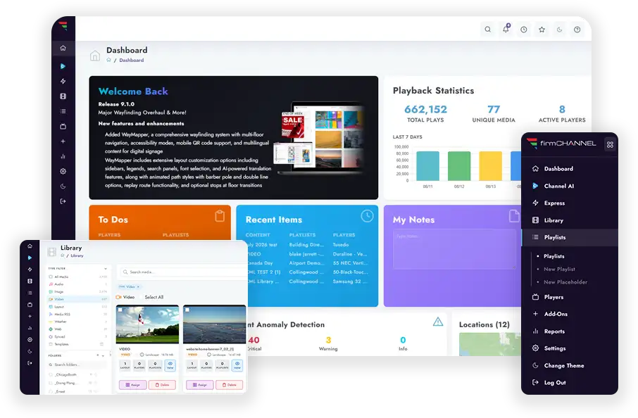 firmChannel V9 dashboard with playback statistics, media library, and the redesigned navigation menu