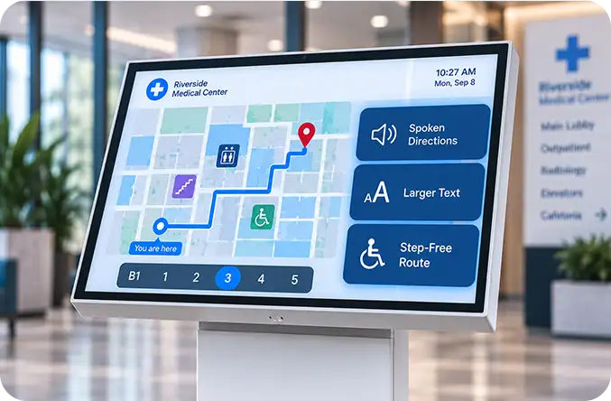 Kiosk offering spoken directions, larger text, and a step free route