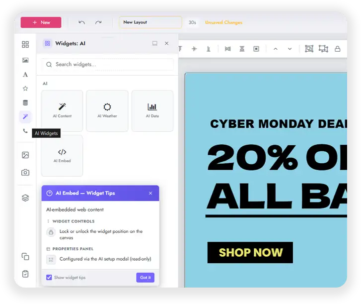 AI Widgets panel beside a generated promotion layout
