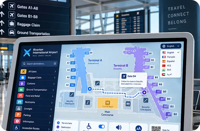 Airport kiosk routing to a gate with a language switcher open
