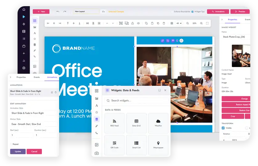 Layout Designer with animation settings, data and feed widgets, and a branded meeting room layout