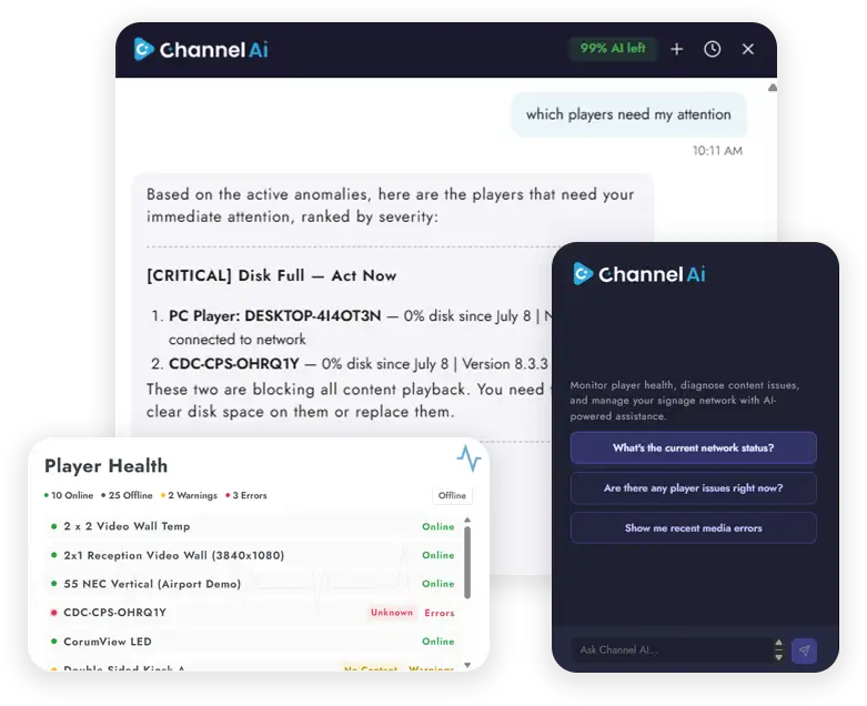 Channel AI ranking players that need attention by severity, beside a player health list and the mobile assistant