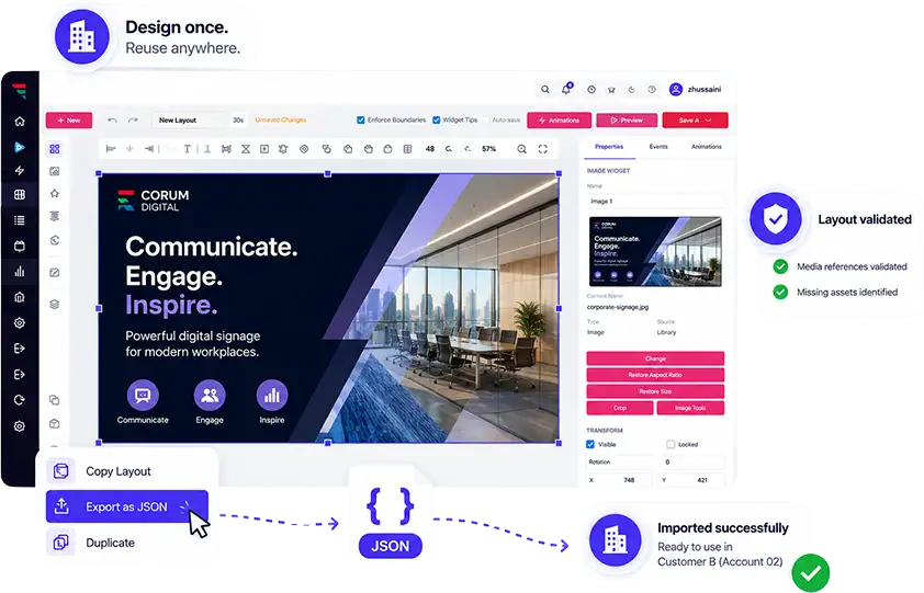A layout exported as JSON and imported successfully into another customer account with media references validated