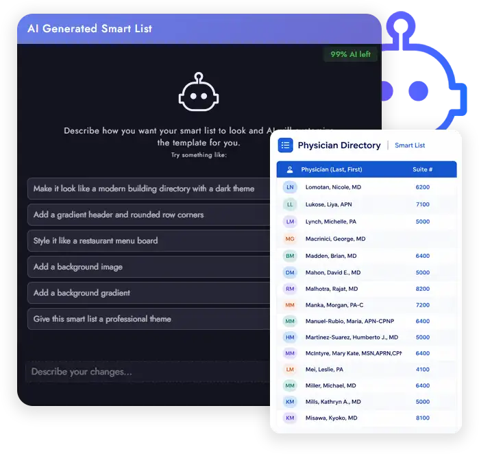 AI generated Smart List prompts beside a styled physician directory Smart List