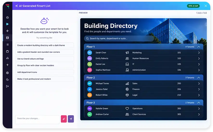 Smart List AI prompt panel beside a live preview of a styled building directory