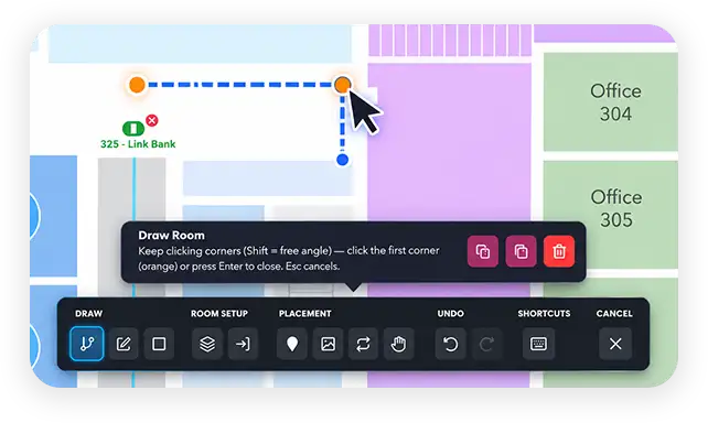 Drawing a room on the wayfinding canvas with the draw toolbar open