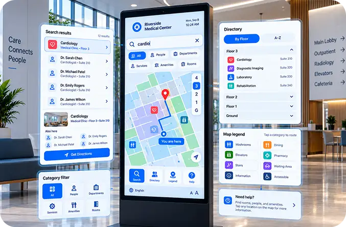 Kiosk search results for cardiology beside a directory grouped by floor and a map legend