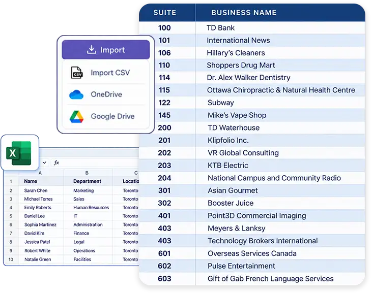 Import options for CSV, OneDrive, and Google Drive beside a spreadsheet and a styled suite directory