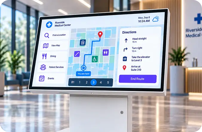 Kiosk showing an animated route with a directions drawer and a floor strip