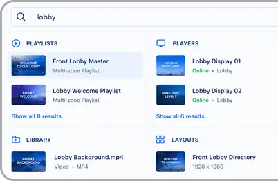 Global search results grouped by playlists, players, library, and layouts