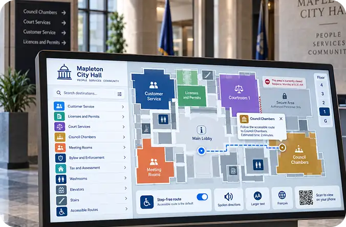 City hall kiosk with council chambers, licences, and a closed secure area
