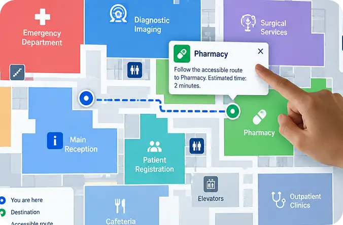 Hospital map with an accessible route from main reception to the pharmacy