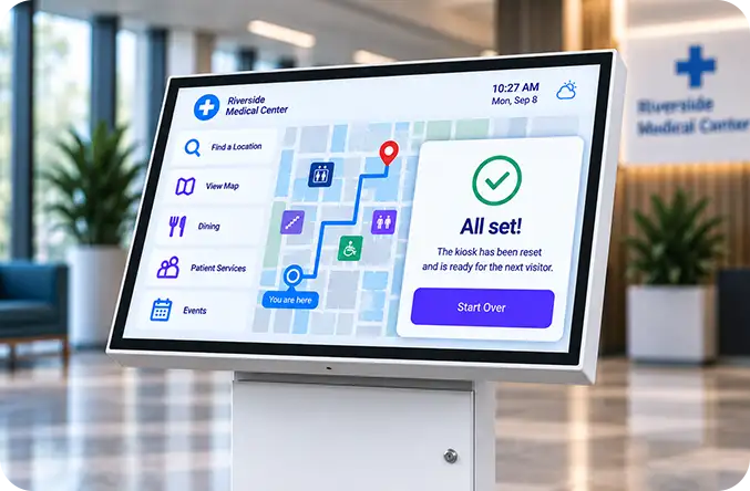 Kiosk reset confirmation with a Start Over button, ready for the next visitor