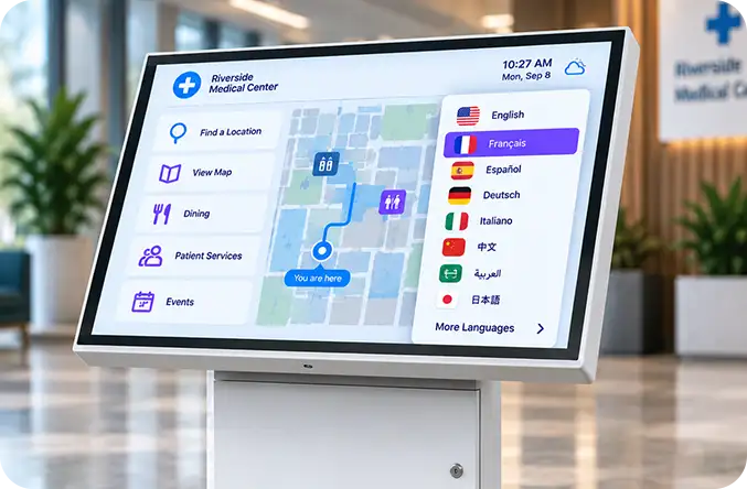 Kiosk language switcher listing English, French, Spanish, German, and more