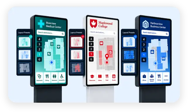 Three kiosks for a medical centre, a college, and a business centre, each in its own branding