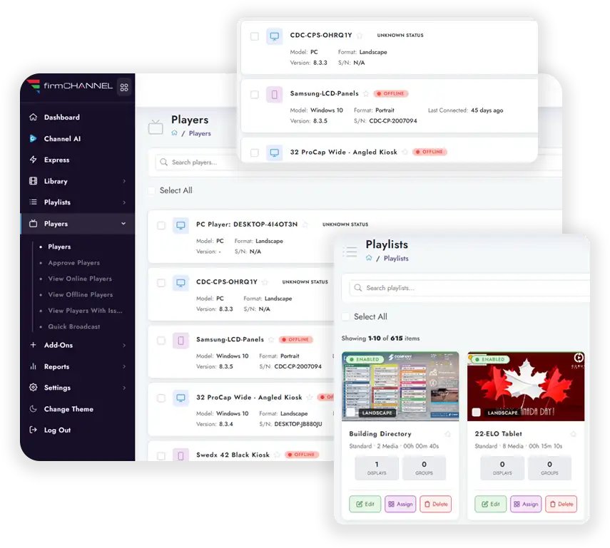 firmChannel V9 players list and playlists screens shown side by side