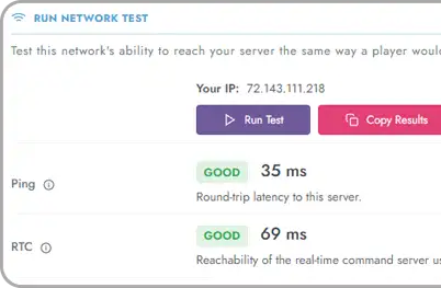 Network test results showing ping and command server reachability times