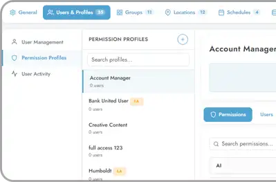 Permission profiles settings showing account manager roles and assigned users