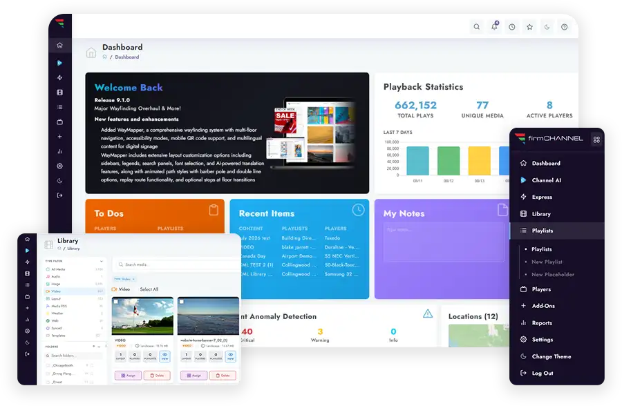 Redesigned firmChannel V9 dashboard with playback statistics, media library, and navigation menu