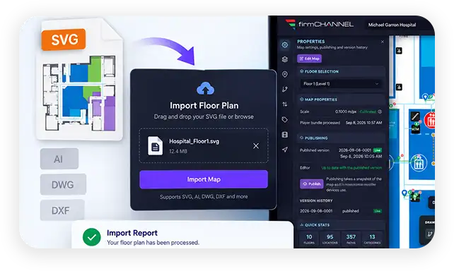 An SVG floor plan being imported and turned into a routable map with an import report