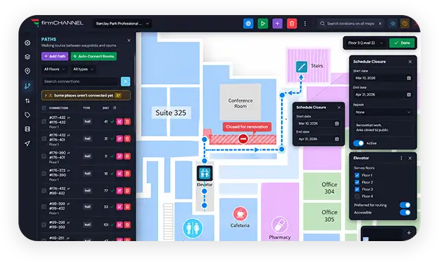 Paths panel with a scheduled closure and elevator transition settings on a floor plan