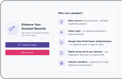 Account security screen offering passkey creation with the benefits of passkeys