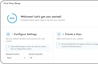 First time setup wizard with progress, default settings, and user creation steps