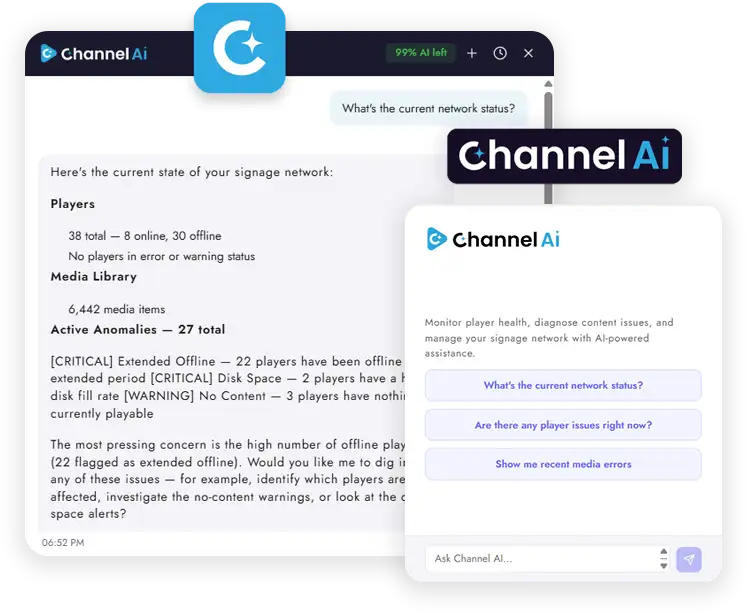 Channel AI answering a question about network status with player counts and active anomalies